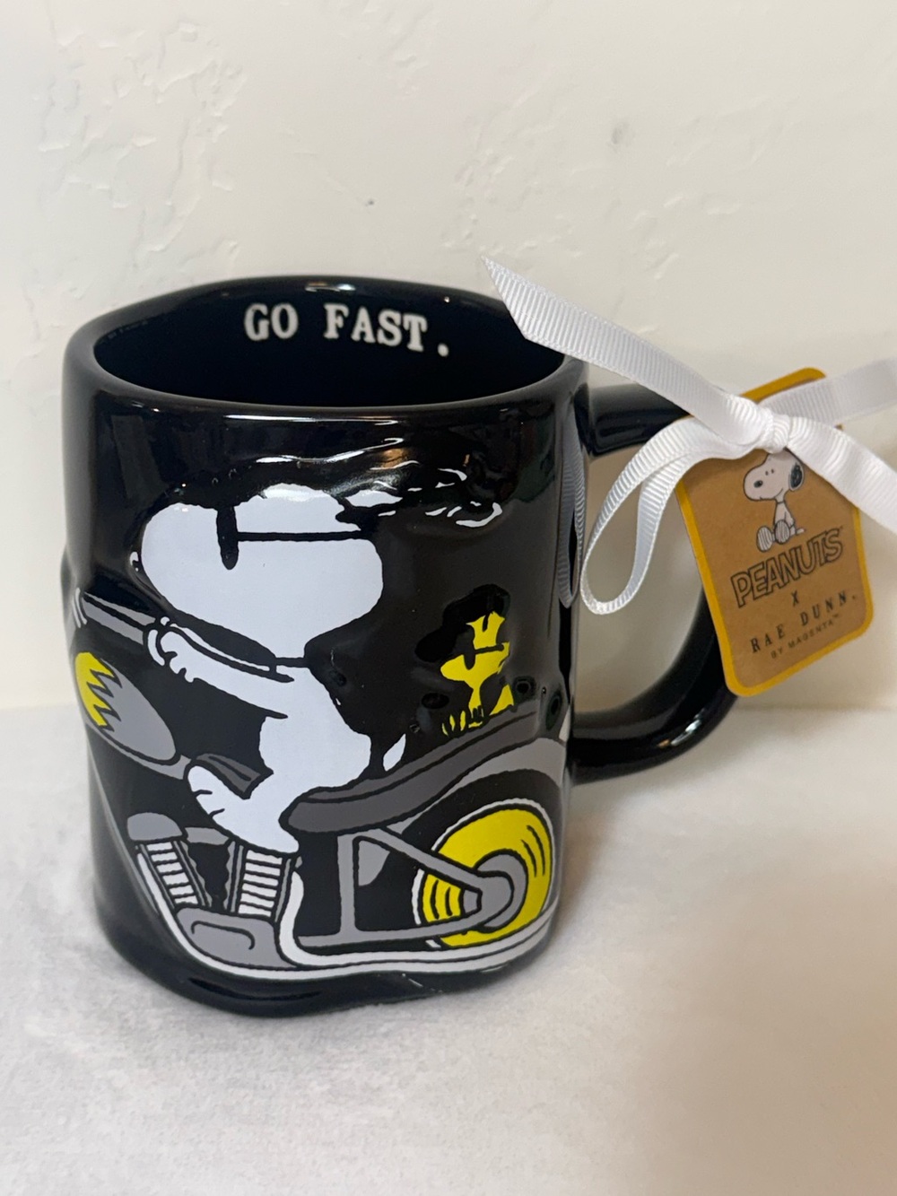 Rae Dunn Black Snoopy Motorcycle Mug with Yellow Accents